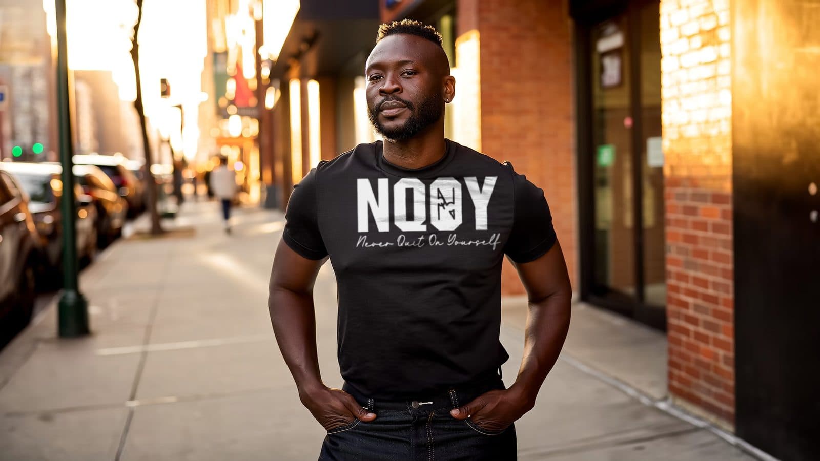 A man in an NQOY black tee on a city sidewalk at golden hour