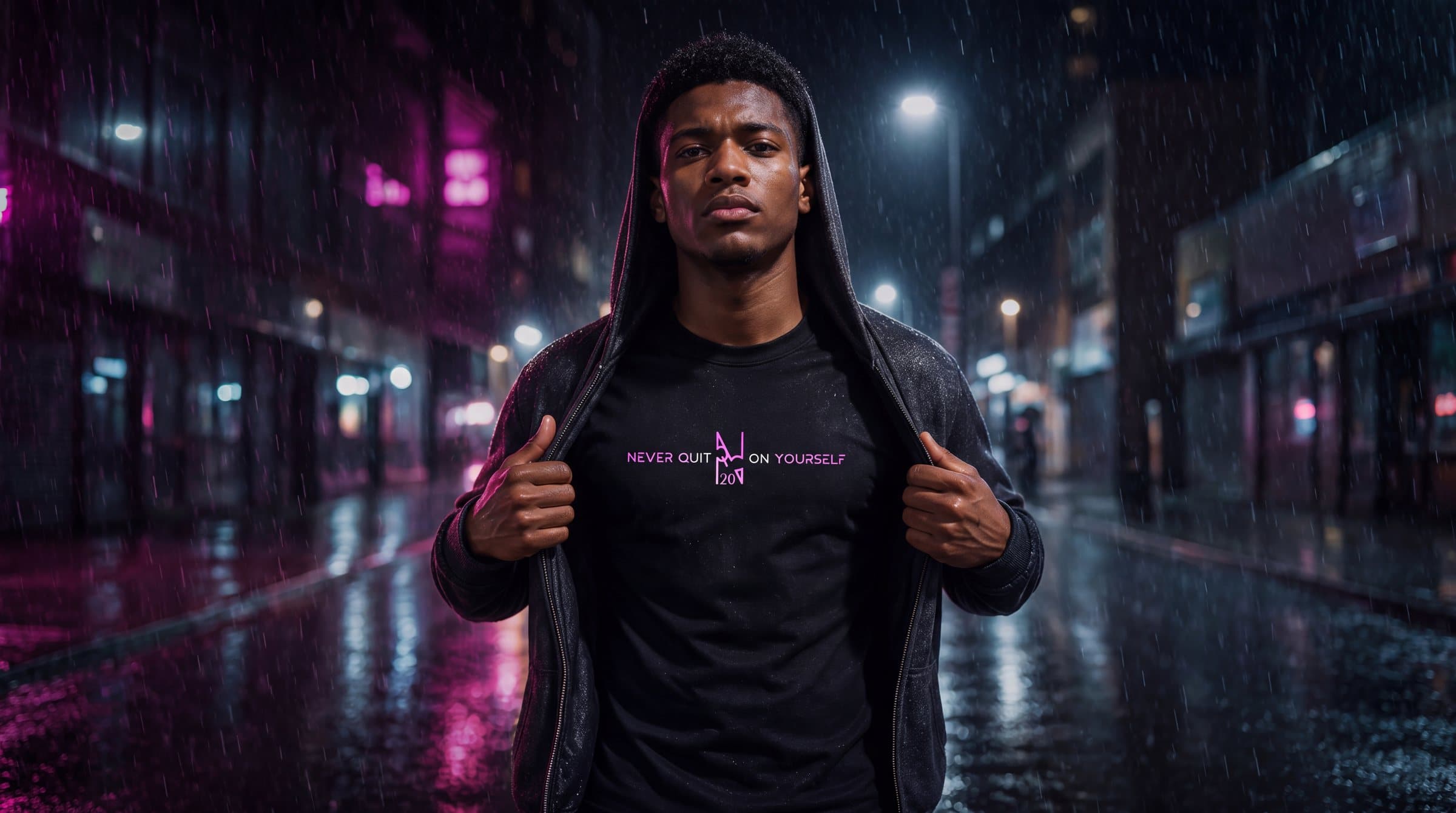 A man opening his jacket to reveal an NQOY Future tee on a rainy neon city street